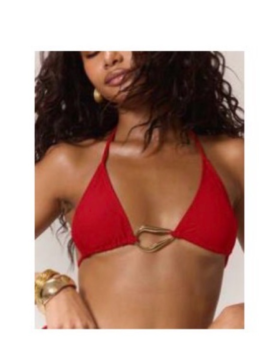 Women’s Red Triangle Bikini Top with Gold Ring Detail